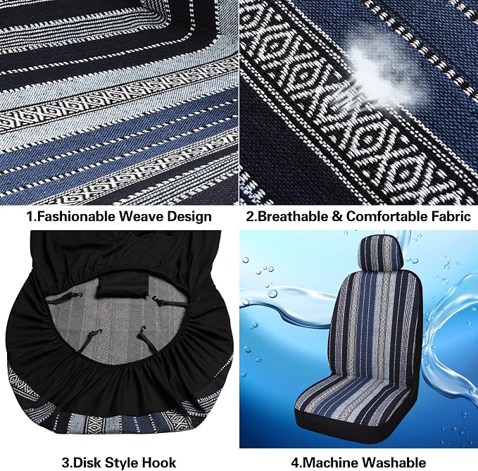 HAIYAOTIMES Baja Saddle Blanket Car Seat Covers Full Set with Seat Belt Pads, Washable Breathable Seat Covers for Cars, Universal Fit Interior Covers for Most Sedan Truck SUV, Airbag Compatible, Blue - Image 7