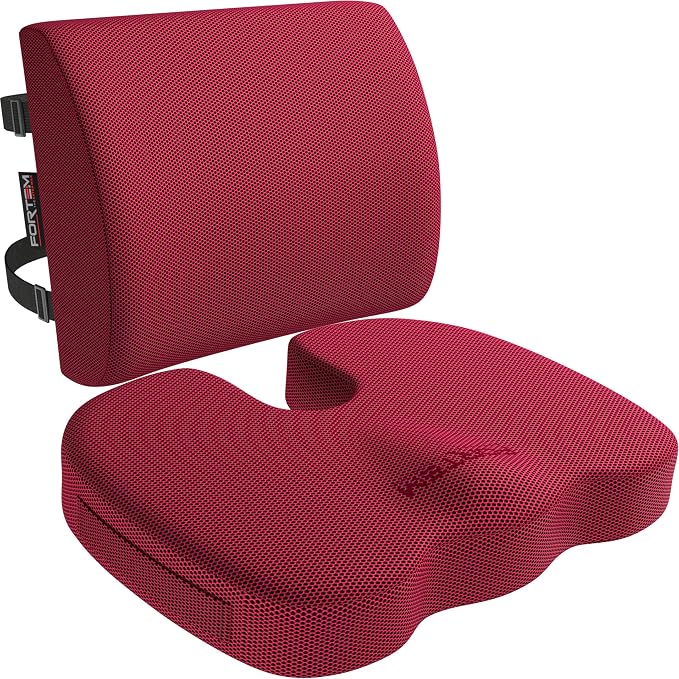 FORTEM Seat Cushion & Lumbar Support for Office Chair, Wheelchair, Car | Memory Foam | Ergonomic Design | Washable Cover | Non Slip | Red by FORTEM