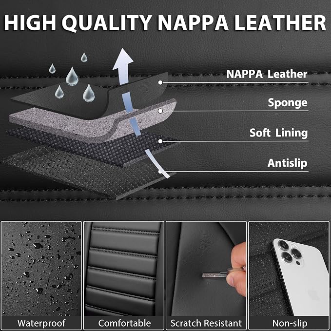 CAR PASS Nappa Leather Car Seat Covers Full Set, Luxury Seat Protector for Cars, Waterproof Anti-Slip Car Seat Cushion Armrest Compatible Airbag Universal for Sedan SUV Pick-up Truck Automotive, Black - Image 8