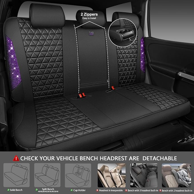 CAR PASS Bling Diamond Leather Car Seat Covers Full Seats Interior Sets, Waterproof Shining Glitter Sparkly Crystal Universal Armrest Fit Automotive Truck SUV Cute Women Girl, Black Purple Rhinestone - Image 4