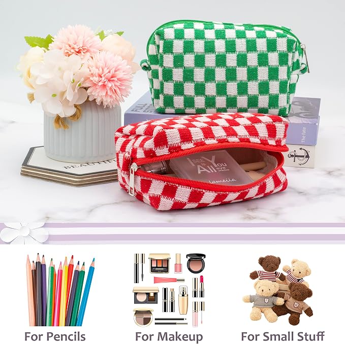 Checkered Makeup Bag for Purse, Small Travel Cosmetic Pouch,Red,2 Pack | Cute Zipper Makeup Organizer for Women, Travel Essentials, Toiletries, Makeup Brushes, Beauty Accessories&Bridesmaid Gifts - Image 4
