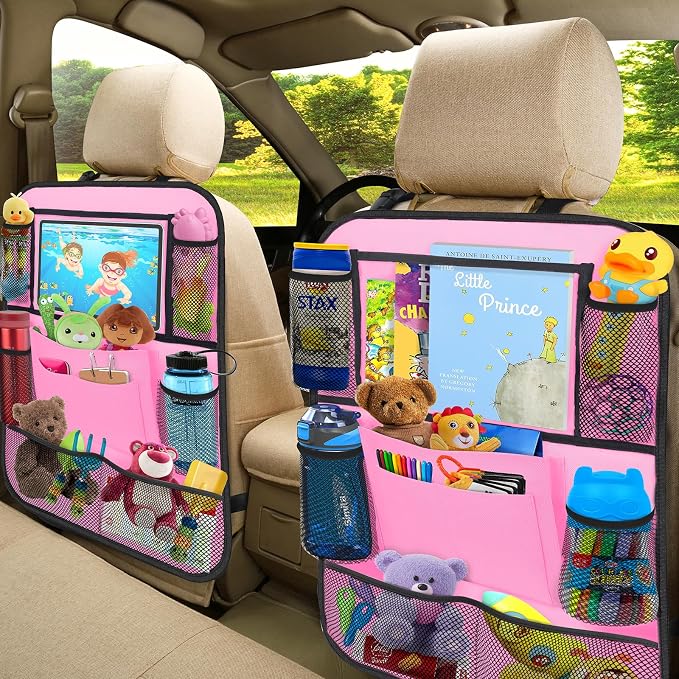 Backseat Car Organizer w/ 10 Storage Pockets, 11" Tablet Holder, 2 PCS Pink | Car Organizers and Storage Kick Mats Back Seat Protector w/ Touch Screen Tablet Holder for Kids Toddlers, Travel Accessories - Image 4