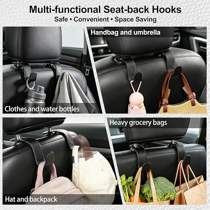 Car Seat Headrest Hook Heavy Duty 55lb Metal Hanger with Leather for Bags | Universal Vehicle Seat Back Organizer, Ergonomic Design, Hang Groceries Handbag Backpack Water Bottle, 2 Pack Black - Image 3