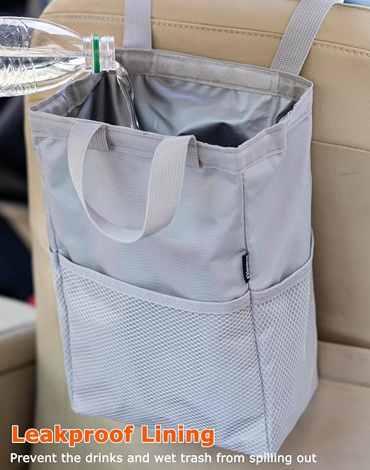 Ginsco New Leak-Proof Travel Trash Bag, Hanging Car Trash Can with Hook and Loop Lid and Handle, Multipurpose Trash Bin with Storage Pockets for Car SUV Truck RV Camping 2 Gallons (Atomic Silver) - Image 2