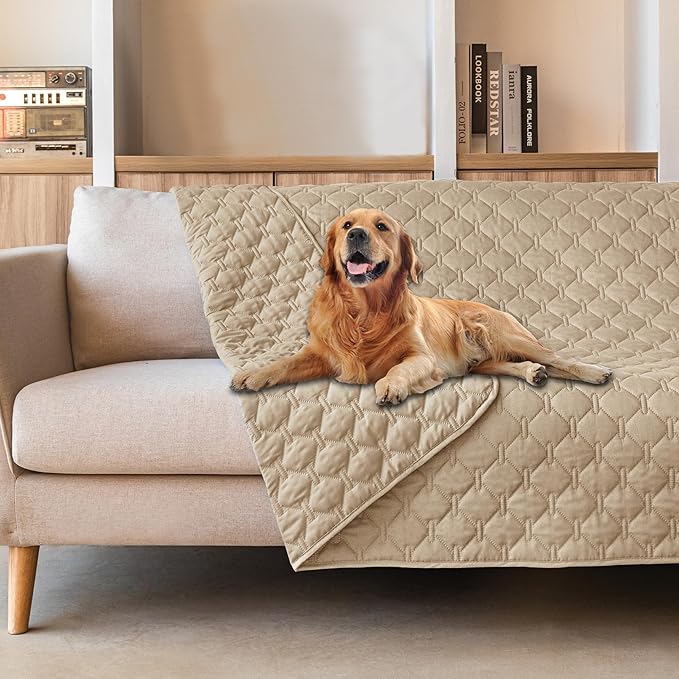 gogobunny 3X Stronger Waterproof Pet Blanket, Scratch Proof Furniture Protector for Dogs Cats, Reversible Cover 68x82 Inch, Dark Beige by gogobunny