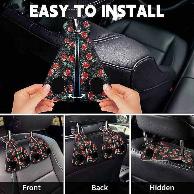 XIANGYUAN 2PCS PU Leather Car Seat Back Storage Headrest Hook,Purse Holder Bags Hanger,Women Car Accessories Organization(Red cherries) - Image 4