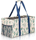 Extra Large Utility Tote Bag, Oversized Collapsible Reusable Wire Frame Rectangular Canvas Basket With Two Exterior Pockets For Beach, Pool, Laundry, Car Trunk, Storage - Cactus White by Lucazzi