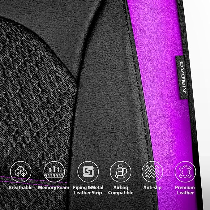 CAR PASS Memory Foam Car Seat Covers,Air Cool Mesh Thick Seat Covers Front Seats,Purple Metal Film Leather Seat Cover for Car,Universal Comfort for Most Car,Truck,Airbag Compatible,Black Purple - Image 6