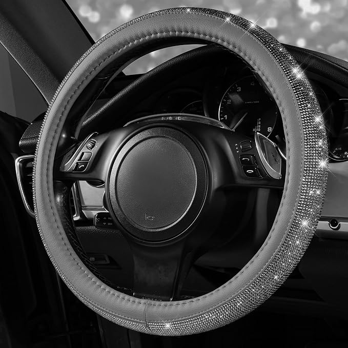 CAR PASS Bling Diamond Leather Steering Wheel Cover, with Bling Sparkly Crystal Glitter Rhinestones Universal Fit 14" 1/2-15" Car Wheel Protector for Women Girl Fit Suvs,Vans,Sedans,Cars,Trucks, Gray - Image 3