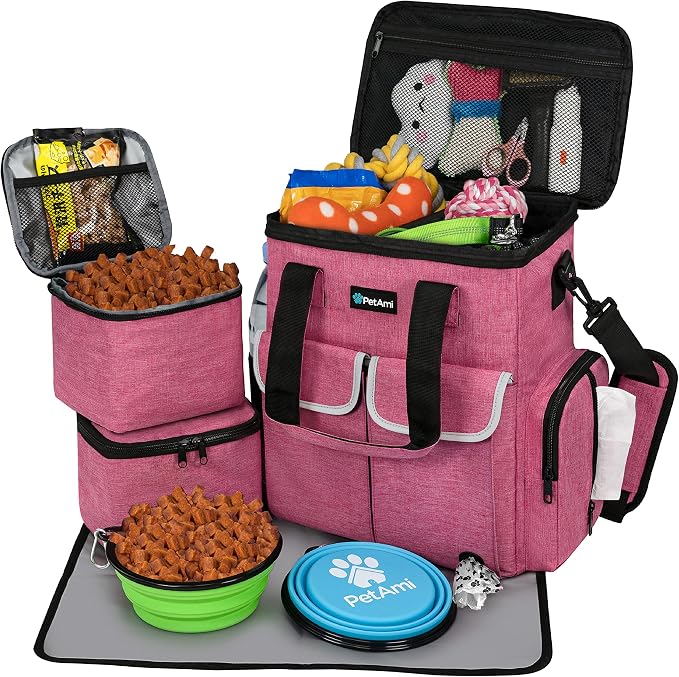 PetAmi Dog Travel Bag Pet Supplies Accessories Organizer for Traveling, Camping, Weekend; Cat Pet Travel Bag Kit Includes 2 Food Storage Containers, 2 Collapsible Bowls, 1 Feeding Mat (Pink) by PetAmi