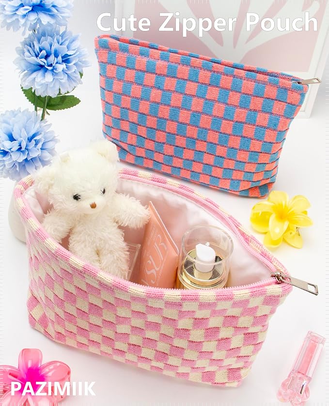 Checkered Makeup Bag for Purse, Small Flat Cosmetic Pouch,Pink Beige | Cute Zipper Makeup Organizer for Women, Travel Essentials, Toiletries, Makeup Brushes, Beauty Accessories&Bridesmaid Gifts - Image 4