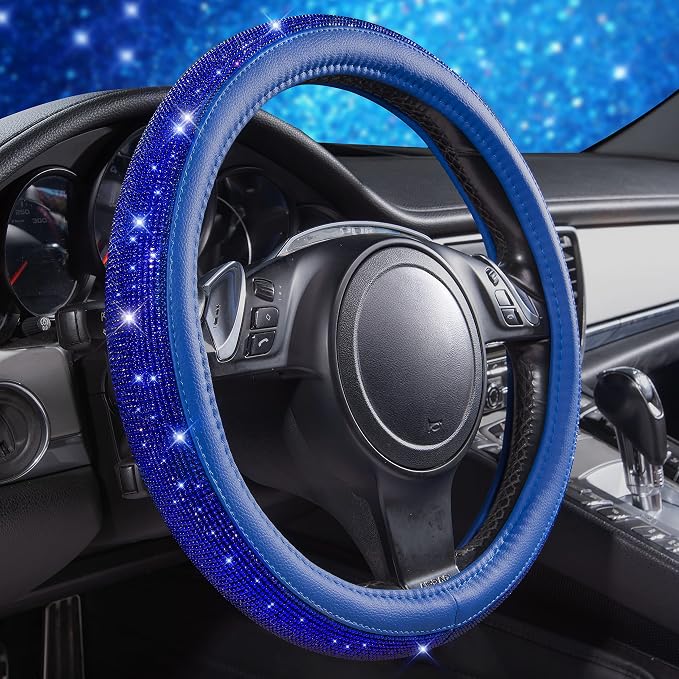 CAR PASS Bling Diamond Leather Steering Wheel Cover, with Bling Sparkly Crystal Glitter Rhinestones Universal Fit 14" 1/2-15" Car Wheel Protect for Women Girl Fit Suvs,Vans,Sedans,Cars,Trucks, Blue - Image 2