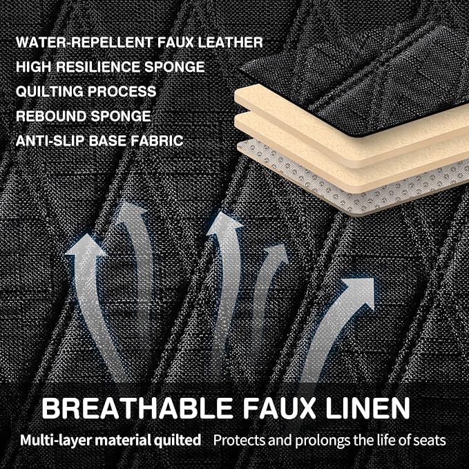 Leader Accessories 2pcs Sideless Front Seat Covers for All Seasons, Black | Breathable Faux Linen Seat Cushions, Non-Slip Bottom With Headrest Protectors, Universal Fit For Car Van SUV Pickup Truck - Image 4