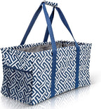 Extra Large Utility Tote Bag - Oversized Collapsible Reusable Wire Frame Rectangular Canvas Basket With Two Exterior Pockets For Beach, Pool, Laundry, Car Trunk, Storage - Geo Navy Blue by Lucazzi