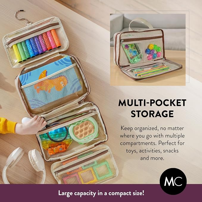 Kids Travel Organizer – Multi-Compartment, Water-Resistant Hanging Bag for Toys, Snacks, & Activities - Compact, Lightweight Design with Hook & Carry Handle - Perfect for Travel Use (Beige, Small) - Image 4