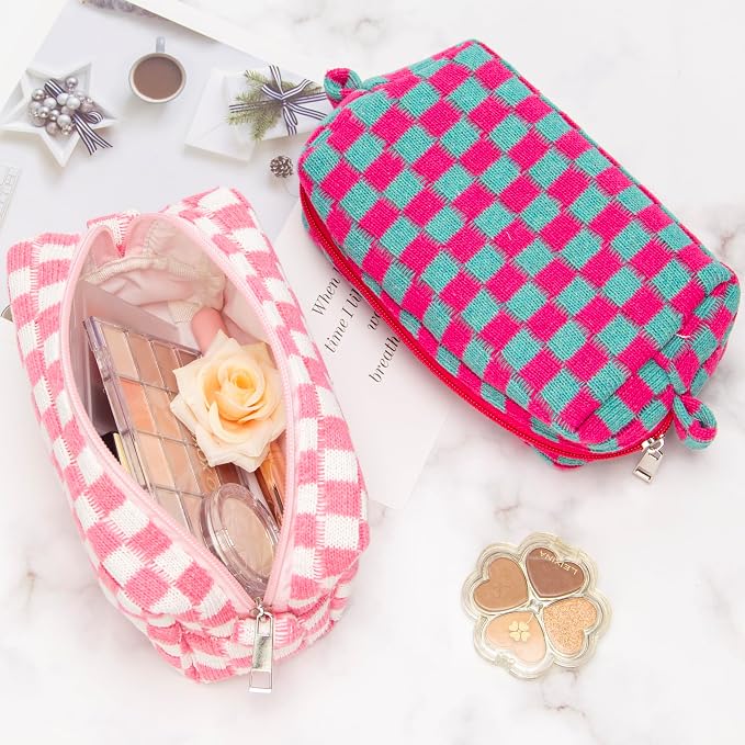 Checkered Makeup Bag for Purse, Small Cosmetic Pouch,Magenta Green,2 Pack | Cute Zipper Makeup Organizer for Women, Travel Essentials, Toiletries, Makeup Brushes, Beauty Accessories&Bridesmaid Gifts - Image 6