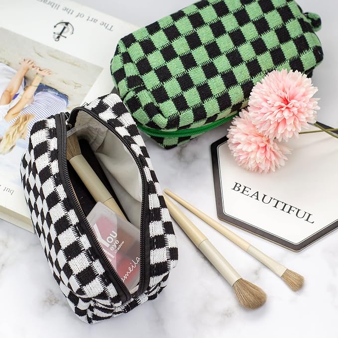 Checkered Makeup Bag for Purse, Small Travel Cosmetic Pouch,Black,2 Pack | Cute Zipper Makeup Organizer for Women, Travel Essentials, Toiletries, Makeup Brushes, Beauty Accessories&Bridesmaid Gifts - Image 4