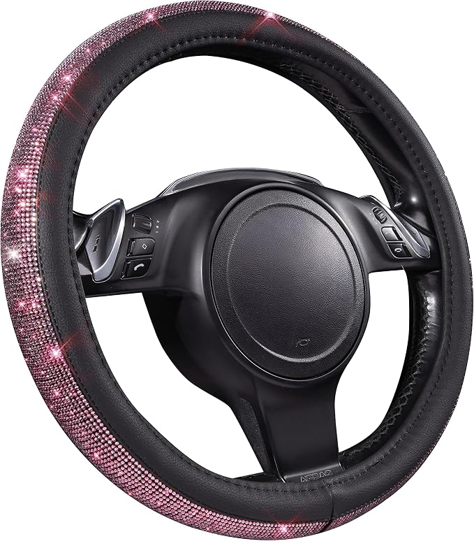 CAR PASS Bling Diamond Leather Steering Wheel Cover, Bling Sparkly Crystal Glitter Rhinestones Universal Fit 14" 1/2-15" Car Wheel Protect for Women Girl Fit Suvs,Vans,Sedans,Cars,Trucks, Pink Black - Image 8