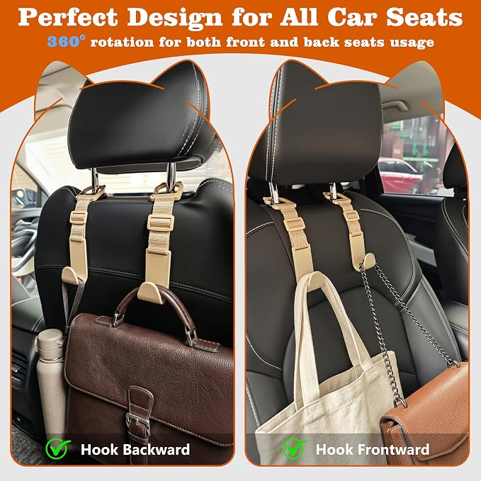 Amooca Anti-drop Car Headrest Hooks 4 Pack Seat Organizer for Bags | Universal Fit Cars SUV Truck, Adjustable, Holds Backpack Water Bottle Handbags Groceries, 40lb Heavy Duty, Clip Design - Image 3