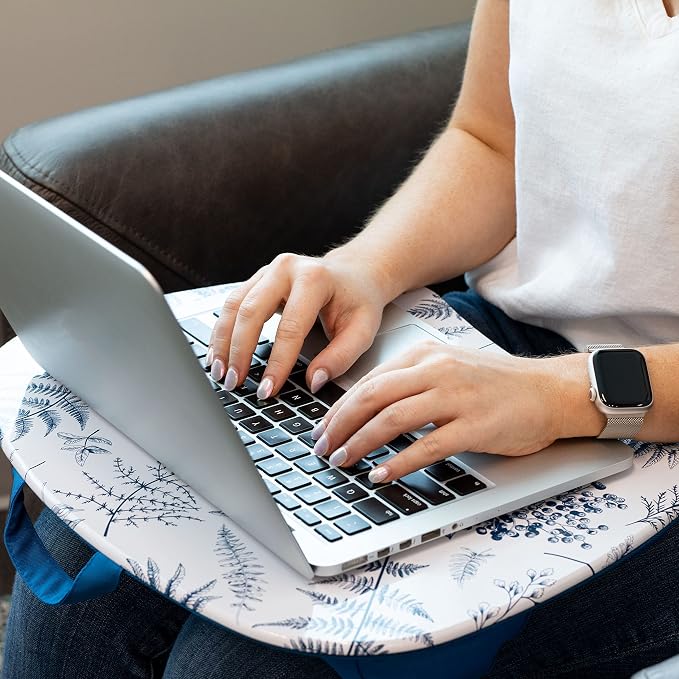 LAPGEAR MyStyle Lap Desk – Blue Garden, Fits 15.6” Laptops | Dual-Bolster Microbead Cushion, Built-In Carry Handle, Ergonomic Curved Front Edge - Image 6