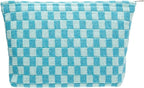 Checkered Makeup Bag for Purse, Small Flat Cosmetic Pouch,Lake Blue | Cute Zipper Makeup Organizer for Women, Travel Essentials, Toiletries, Makeup Brushes, Beauty Accessories&Bridesmaid Gifts by PAZIMIIK