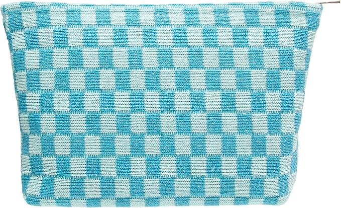 Checkered Makeup Bag for Purse, Small Flat Cosmetic Pouch,Lake Blue | Cute Zipper Makeup Organizer for Women, Travel Essentials, Toiletries, Makeup Brushes, Beauty Accessories&Bridesmaid Gifts by PAZIMIIK
