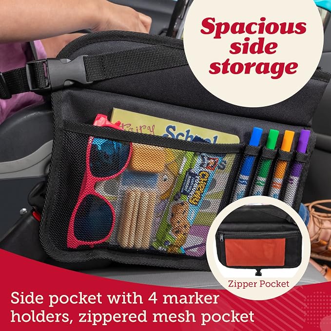 Lusso Gear Travel Car Seat Tray - Dry Erase Board & Secure Tablet Holder for Toddler Travel - Durable 600D Oxford Cloth with Snack & Toy Compartments for Road Trip Essentials for Kids - Pink Unicorn - Image 9