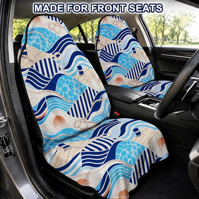 Car Seat Towel Cover 2 Pack for Front Seats, Sweat Absorbent Car Seat Protector with Non-Slip Backing, Waterproof Towel Car Seat Covers for Runners, Gym, Swimming, Beach, Pets, Nautical Waves - Image 2