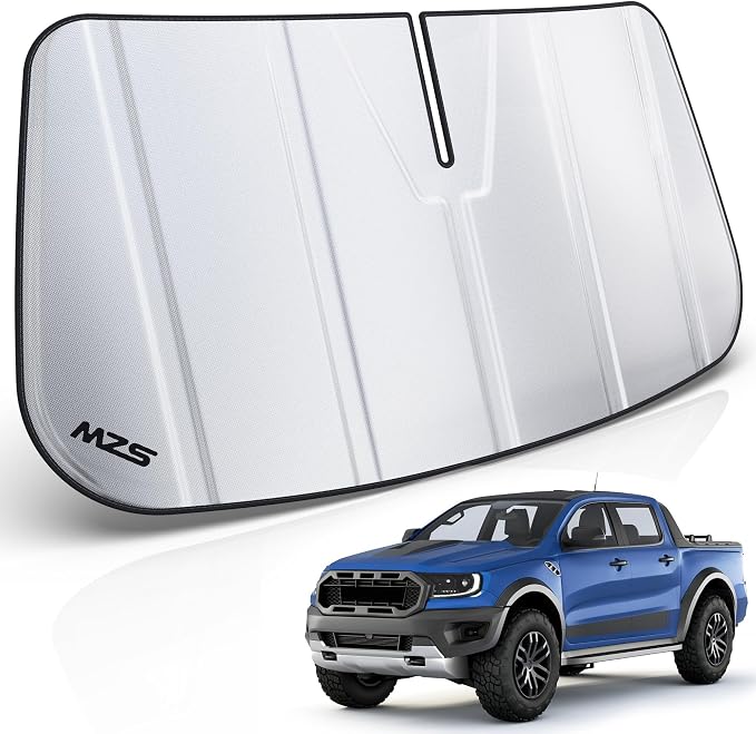 MZS Windshield Sun Shade Compatible with Ranger 2019-2023 | 6-Layer Heat Insulation, 99% UV Blocking, Keeps Interior Cool, Full Coverage Visor, Foldable Car Window Sunshade, Storage Bag by MZS