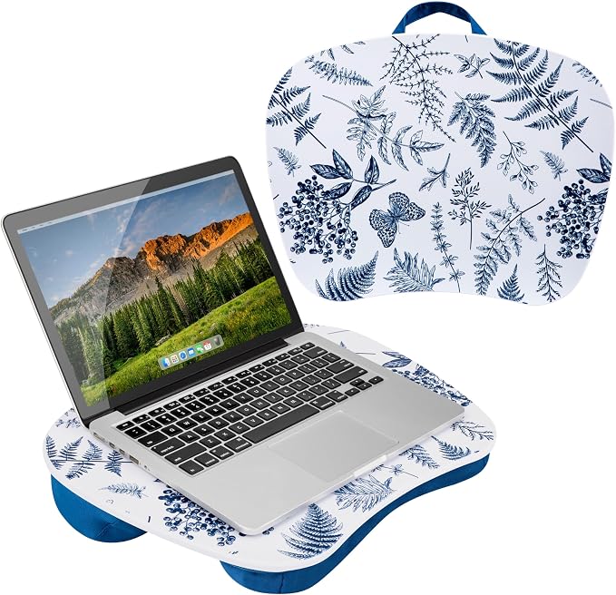 LAPGEAR MyStyle Lap Desk – Blue Garden, Fits 15.6” Laptops | Dual-Bolster Microbead Cushion, Built-In Carry Handle, Ergonomic Curved Front Edge - Image 7