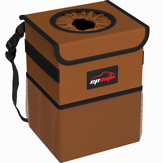 EPAuto Waterproof Car Trash Can with Lid and Pockets, 2.5 Gal, Brown | Leakproof, Collapsible Multipurpose Car Bin with 3 Side Storage Pockets, Adjustable Straps by EPAuto