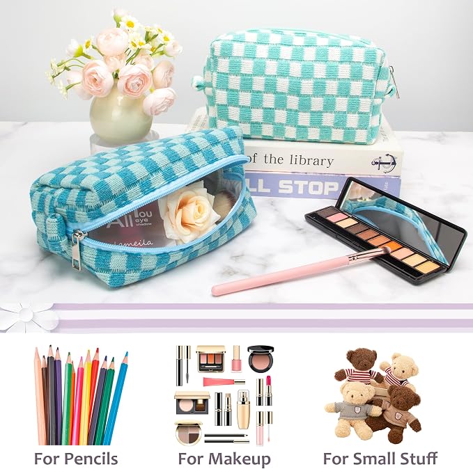 Checkered Makeup Bag for Purse, Small Cosmetic Pouch,Lake Blue,2 Pack | Cute Zipper Makeup Organizer for Women, Travel Essentials, Toiletries, Makeup Brushes, Beauty Accessories&Bridesmaid Gifts - Image 3