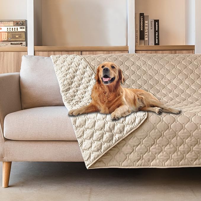 gogobunny Waterproof Dog Blankets for Large Dogs, Pet Bed Cover Breathable | Washable Pee Pads, Quilted Throw Blanket, Furniture Protector for Couch Sofa Bed Car, 82x82 Inch Dark/Light Beige by gogobunny
