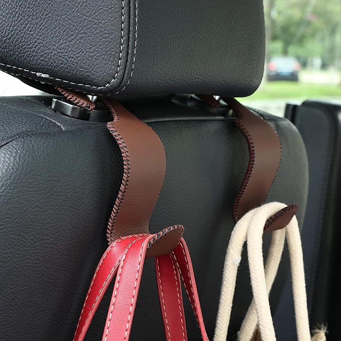 Car Seat Headrest Hook 55lb Heavy Duty Metal Hanger with Leather for Bags | Universal Fit car SUV Truck, Premium Microfiber Leather, Metal Core, Hang Purses Groceries Handbag Backpack, 2 Pack Brown - Image 2