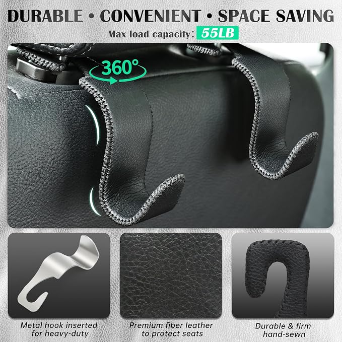 Car Seat Headrest Hook 55lb Heavy Duty Metal Hanger with Leather for Bags | Universal Fit car SUV Truck, Premium Microfiber Leather, Metal Core, Hang Purses Groceries Handbag Backpack, 2 Pack Black - Image 3