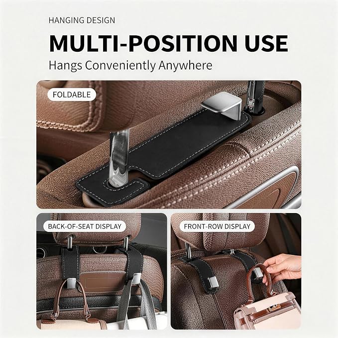 Car Headrest Hook,Premium Leather Back Seat Hanger for Purse & Bags | Solid 40lb metal core,360-degree silent rotation,space-saving hidden folding,durable dual support(2, Suede Black) - Image 2