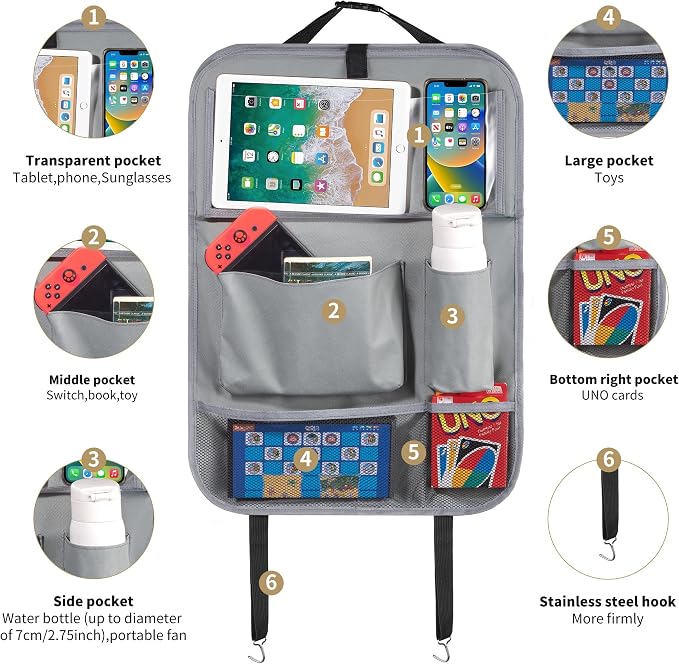 LUCMO Car Backseat Organizer with Foldable Tablet Holder, Grey | 6 Storage Pockets,Foldable Food Tray,Protectors Kick Mats,Travel Accessories,Seat Cover,Road Trip Essentials - Image 6