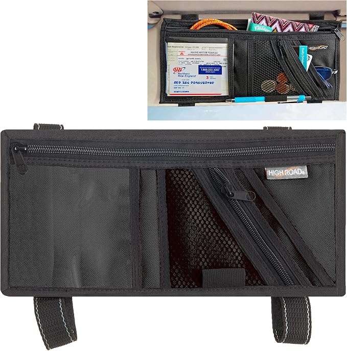 High Road Car Visor Organizer with Zippered Pockets, Sunglasses Sleeve and Clear Photo or Registration and Insurance Pocket - Heavy Duty Straps Fit Most Car, SUV and Truck Visors (Black) by HighRoad
