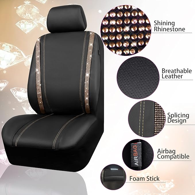CAR PASS Bling Diamond Car Seat Covers Full Sets, Shining Rhinestone Waterproof Faux Leather, with Zipper, Universal Fit Automotive Glitter Crystal Sparkle Strips Cute Women Girl, Champagne Gold - Image 3