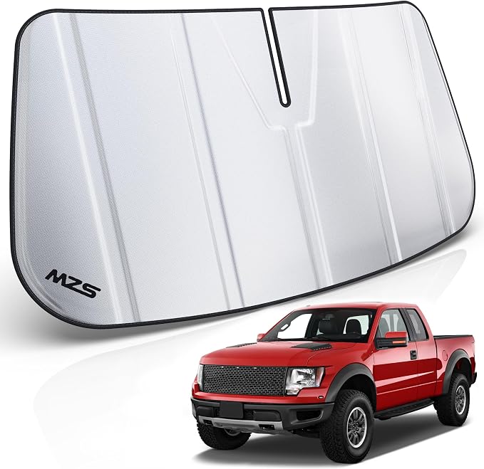 MZS Windshield Sun Shade Compatible with F150 2009-2014 | 6-Layer Heat Insulation, 99% UV Blocking, Keeps Interior Cool, Full Coverage Visor, Foldable Car Window Sunshade, Storage Bag by MZS