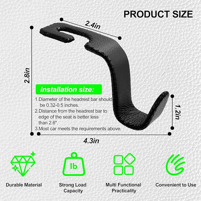 Car Seat Headrest Hook Heavy Duty 55lb Metal Hanger with Leather for Bags | Universal Vehicle Seat Back Organizer, Ergonomic Design, Hang Groceries Handbag Backpack Water Bottle, 2 Pack Black - Image 6