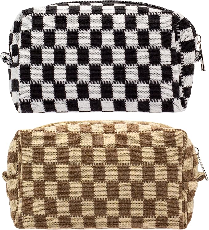 Checkered Makeup Bag for Purse, Small Cosmetic Pouch,Black Coffee,2 Pack | Cute Zipper Makeup Organizer for Women, Travel Essentials, Toiletries, Makeup Brushes, Beauty Accessories&Bridesmaid Gifts by PAZIMIIK