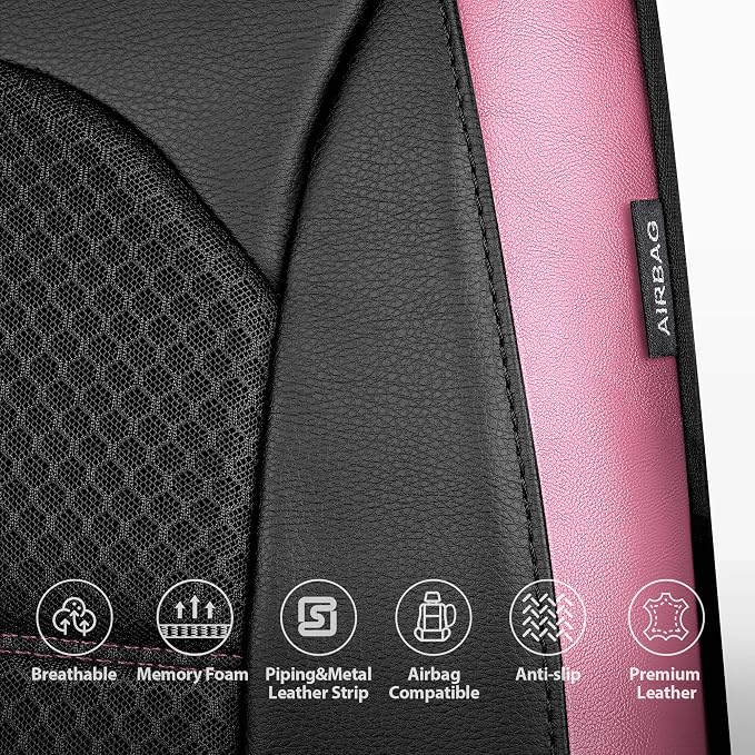 CAR PASS Memory Foam Car Seat Covers,Air Cool Mesh Thick Seat Covers Front Seats,Pink Metal Film Leather Seat Cover for Car,Universal Automotive Comfort for Most Car,Truck,Airbag Compatible,Black Pink - Image 6