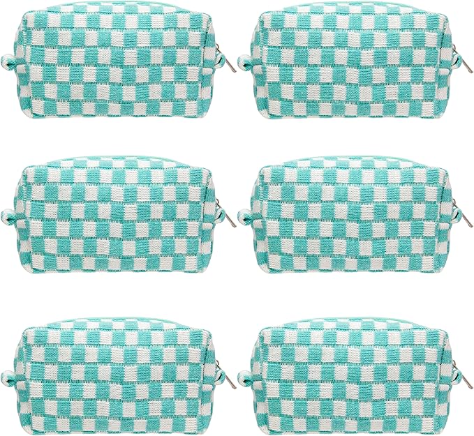 Checkered Makeup Bag for Purse, Small Cosmetic Pouch,Arctic Blue,6 Pack | Cute Zipper Makeup Organizer for Women, Travel Essentials, Toiletries, Makeup Brushes, Beauty Accessories&Bridesmaid Gifts by PAZIMIIK