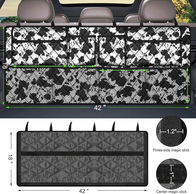 Femuar Car Trunk Organizer,Large Capacity Backseat Trunk Organizer(42"*18"),Collapsible Car Storage Bag with 8 Pocekt,SUV/MPV/Truck - Cow print - Image 3