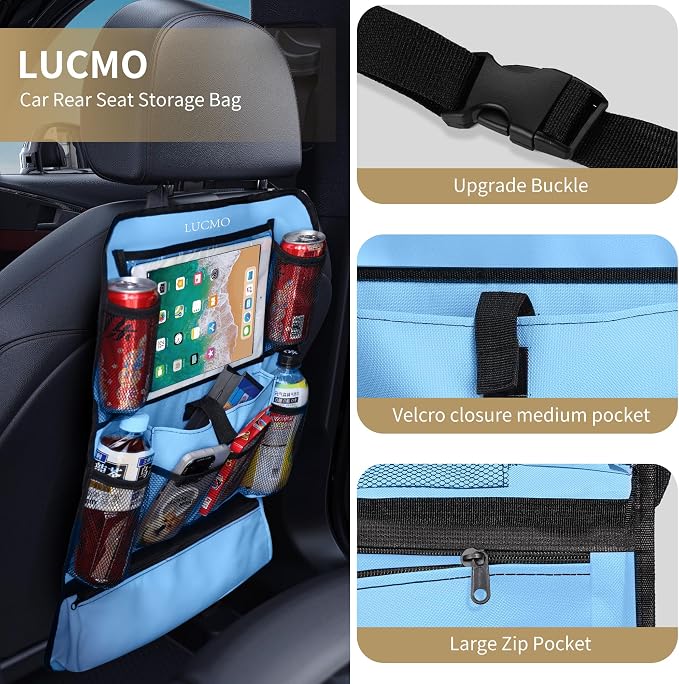LUCMO Car Backseat Organizer with Touch Screen Tablet Holder, Light Blue | 2 Pcs,9 Storage Pockets,Clear Tablet Holder,Protectors Kick Mats,Travel Accessories,Seat Cover,Road Trip Essentials - Image 2