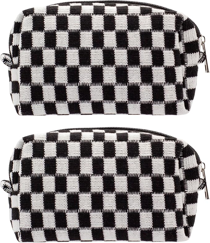 Checkered Makeup Bag for Purse, Small Travel Cosmetic Pouch,Black,2 Pack | Cute Zipper Makeup Organizer for Women, Travel Essentials, Toiletries, Makeup Brushes, Beauty Accessories&Bridesmaid Gifts by PAZIMIIK