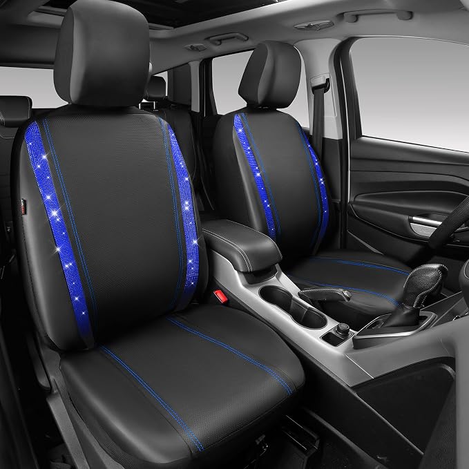 CAR PASS Leather Diamond Bling Car Seat Covers 2 Front Interior Sets, Waterproof Universal Shining Glitter Crystal Sparkle Fit for 95% Automotive Truck SUV Cute Women Girl, Black Blue Rhinestone - Image 2