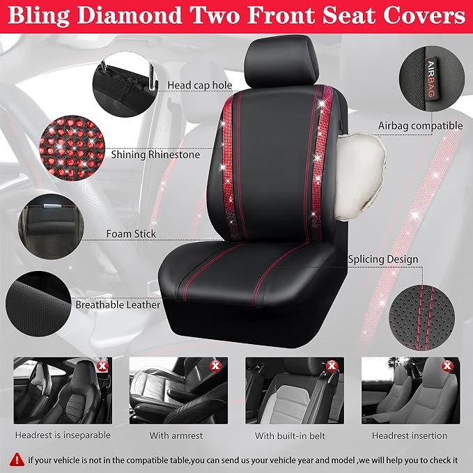 CAR Pass Bling Car Seat Covers Full Set, Shining Rhinestone Diamond Waterproof Faux Leather, Rear with Zipper, Universal Fit Automotive Glitter Crystal Sparkle Strips for Women Girl, Black Red - Image 3