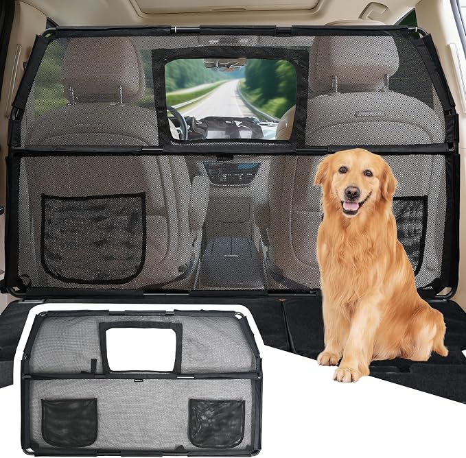 52" Dog Car Barrier for SUV, Wide Escape-Proof & Chew-Proof | Car Dog Barrier with Removable Visual Window & Storage Pockets, Pet Net Gate for Behind Front Seats, Fits Sedans Cars Trucks by GEVINFA